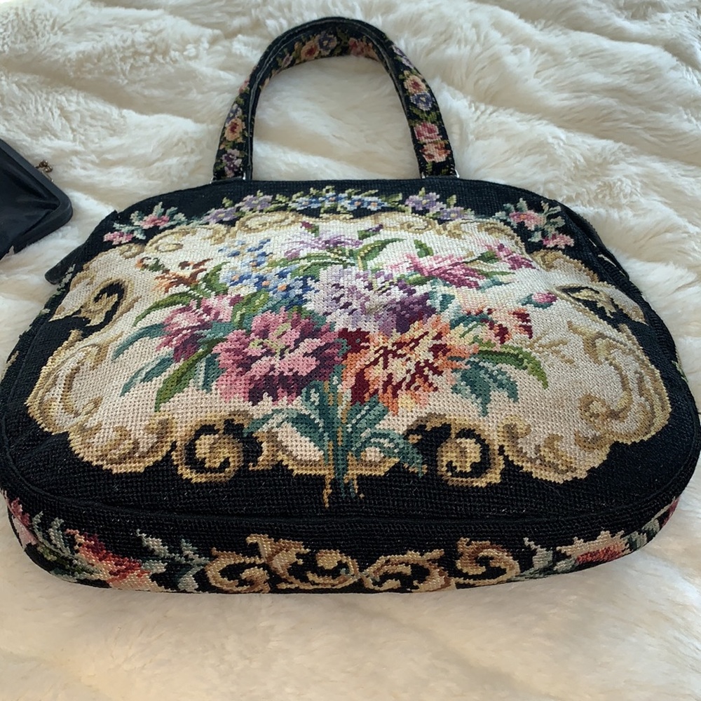 Vintage 50s Victorian colorful flowers embroidery needlepoint handbag purse